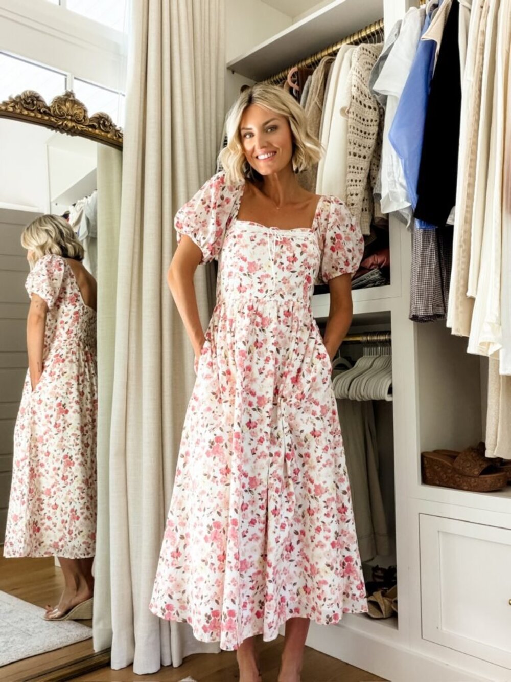 Abercrombie & Fitch White Floral Midi Dress with Pink Flowers